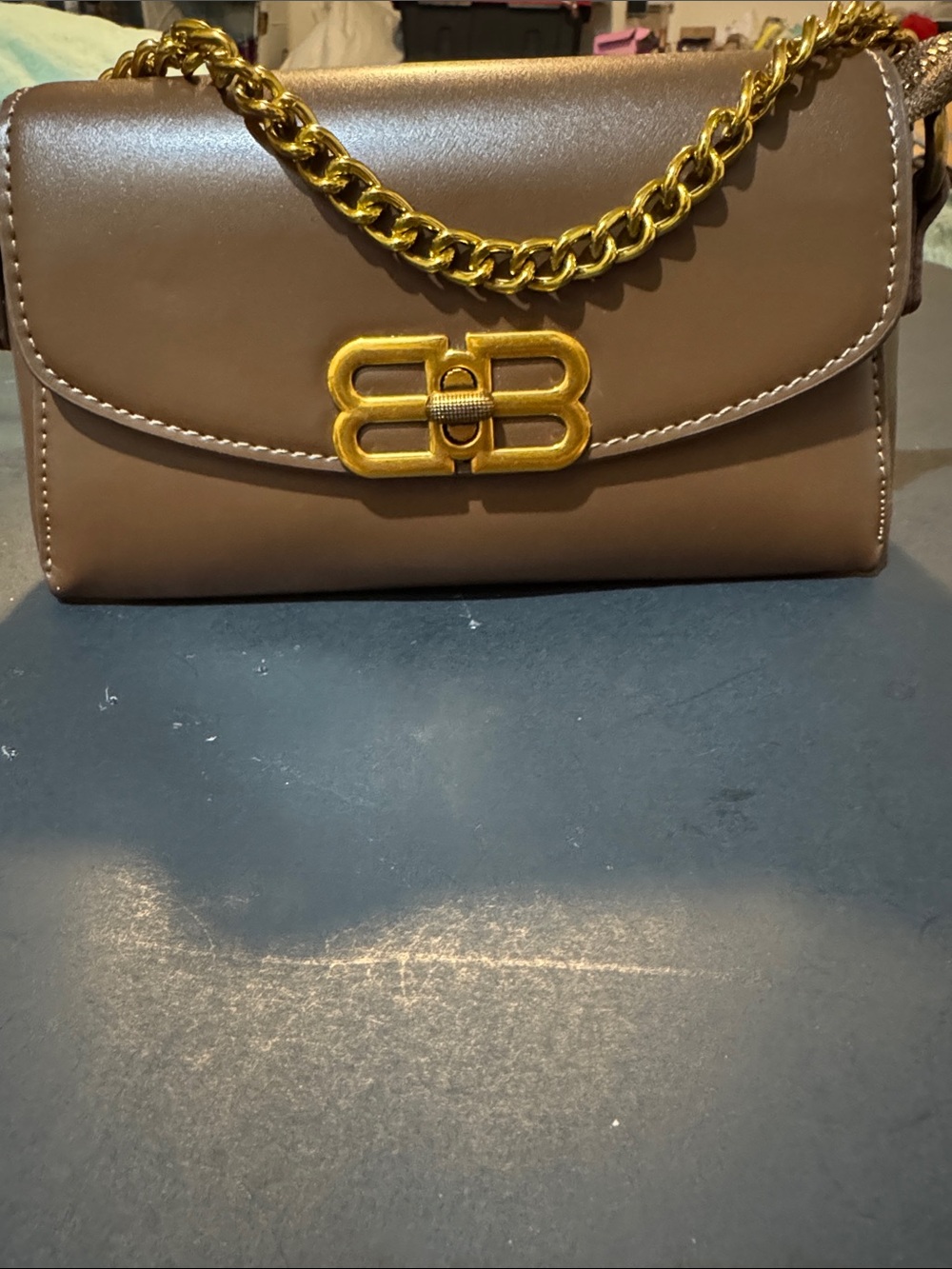 Brown Leather Chain Shoulder Bag with Gold Hardware